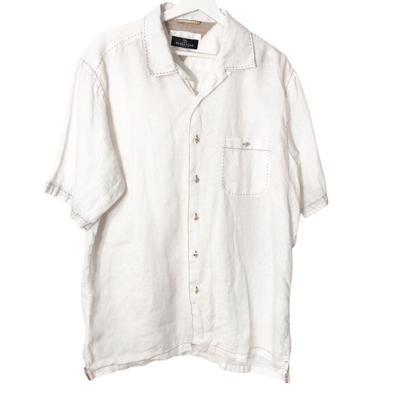Bugatchi Uomo Shirt Men Large Button Up Linen Short Sleeve White Stitched Detail - Picture 1 of 12